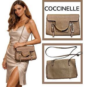 COCCINELLE Crossbody Handbag Leather Tumbleweed Tan Nude Color Gold Hardware